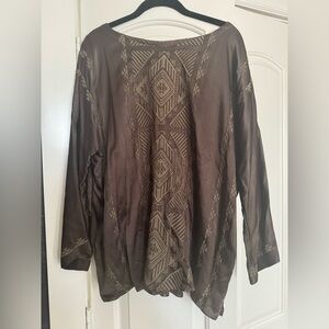 Johnny Was Brown Embroidered Silk Tunic | Boho Luxe Geometric Blouse | Size L